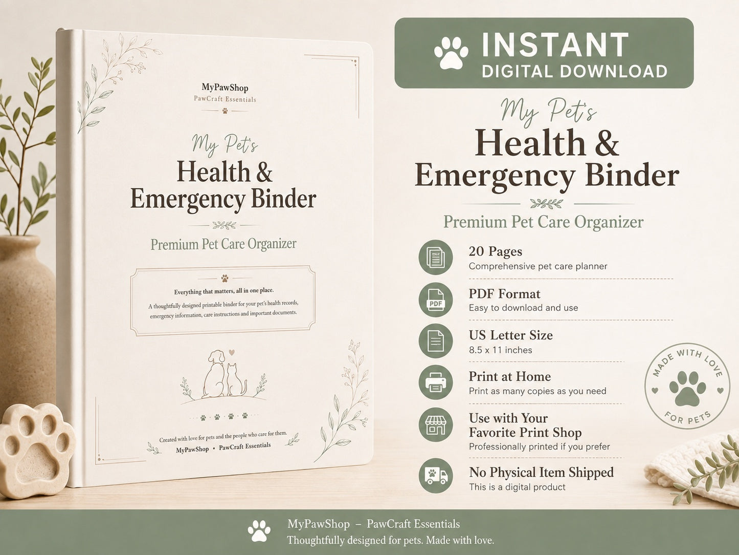 Pet Health & Emergency Binder – Printable Pet Care Organizer (20-Page PDF)