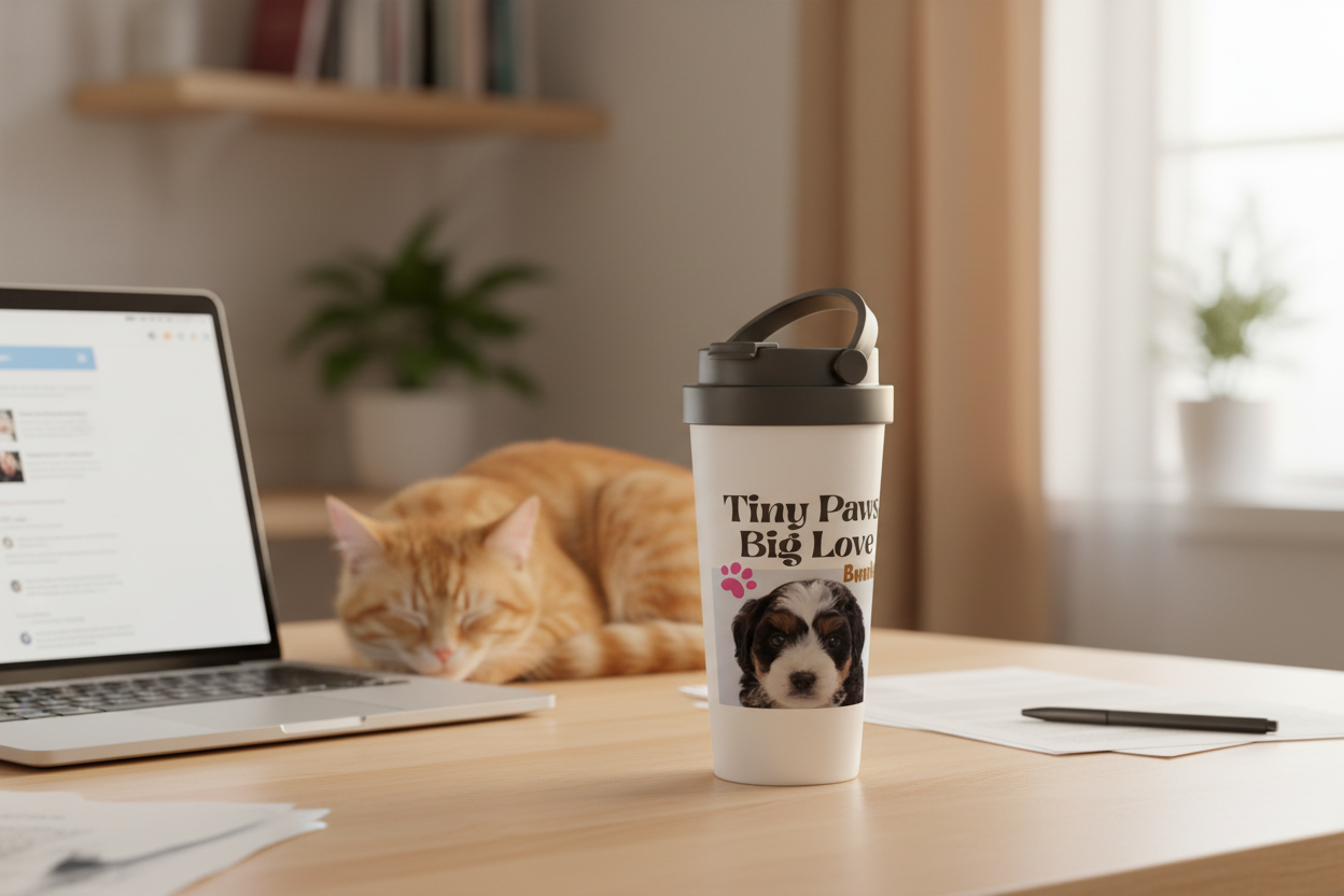 Personalized travel mug on desk next to laptop with cat sleeping beside it