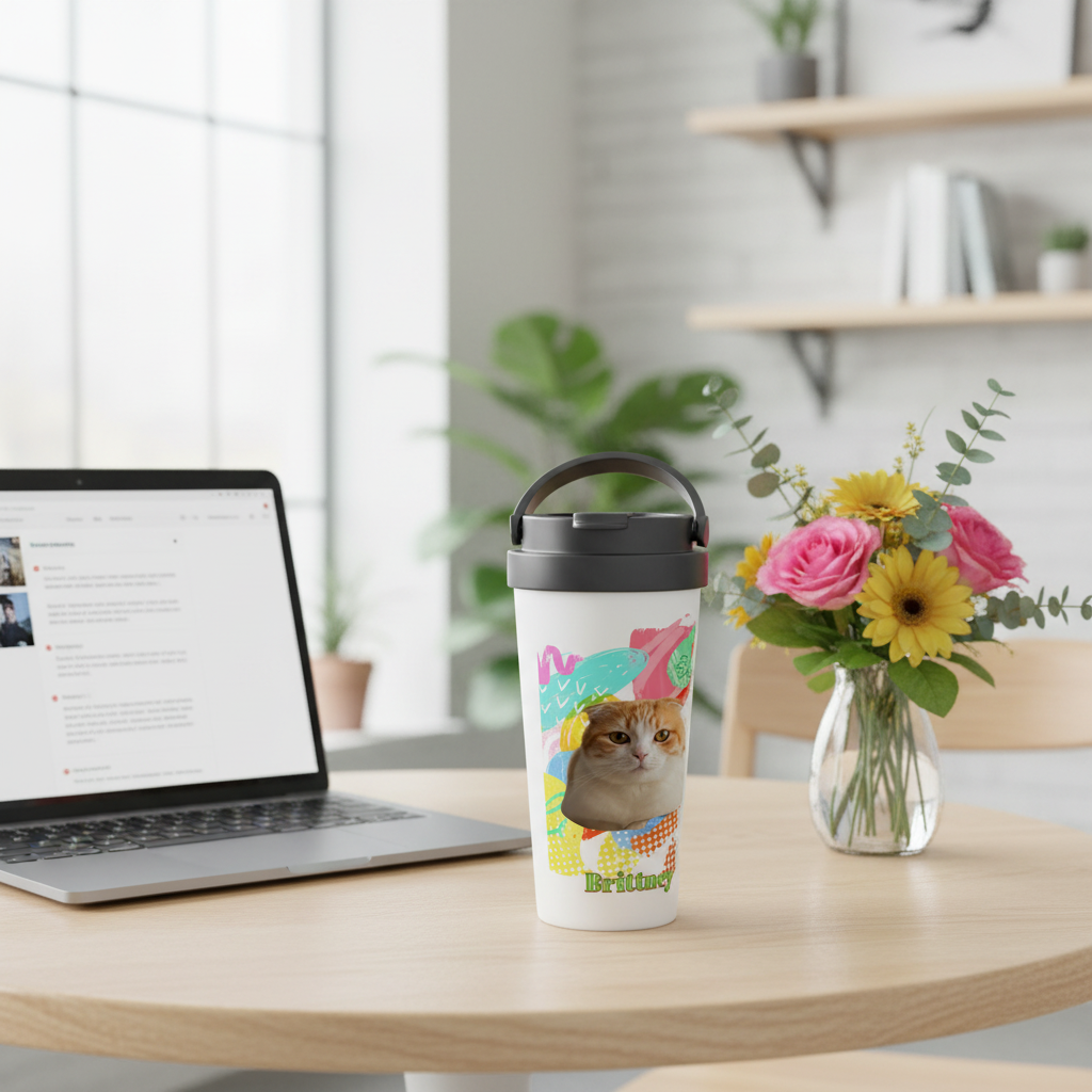 Personalized cat travel mug on cafe table with laptop and flowers — PawCraft Essentials