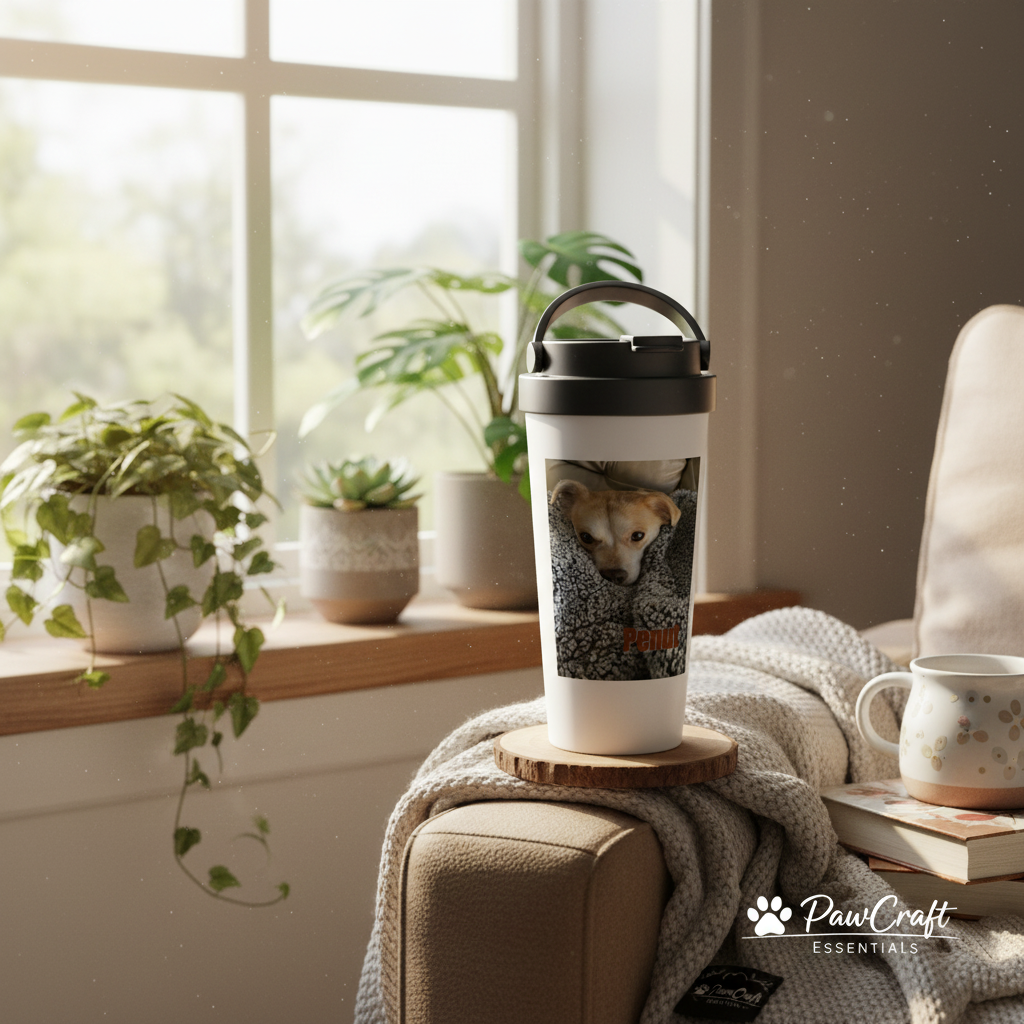 Personalized pet travel mug cozy home window setting