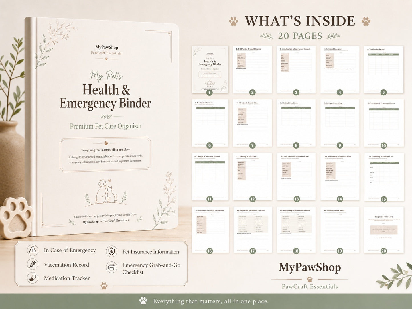Pet Health & Emergency Binder – Printable Pet Care Organizer (20-Page PDF)
