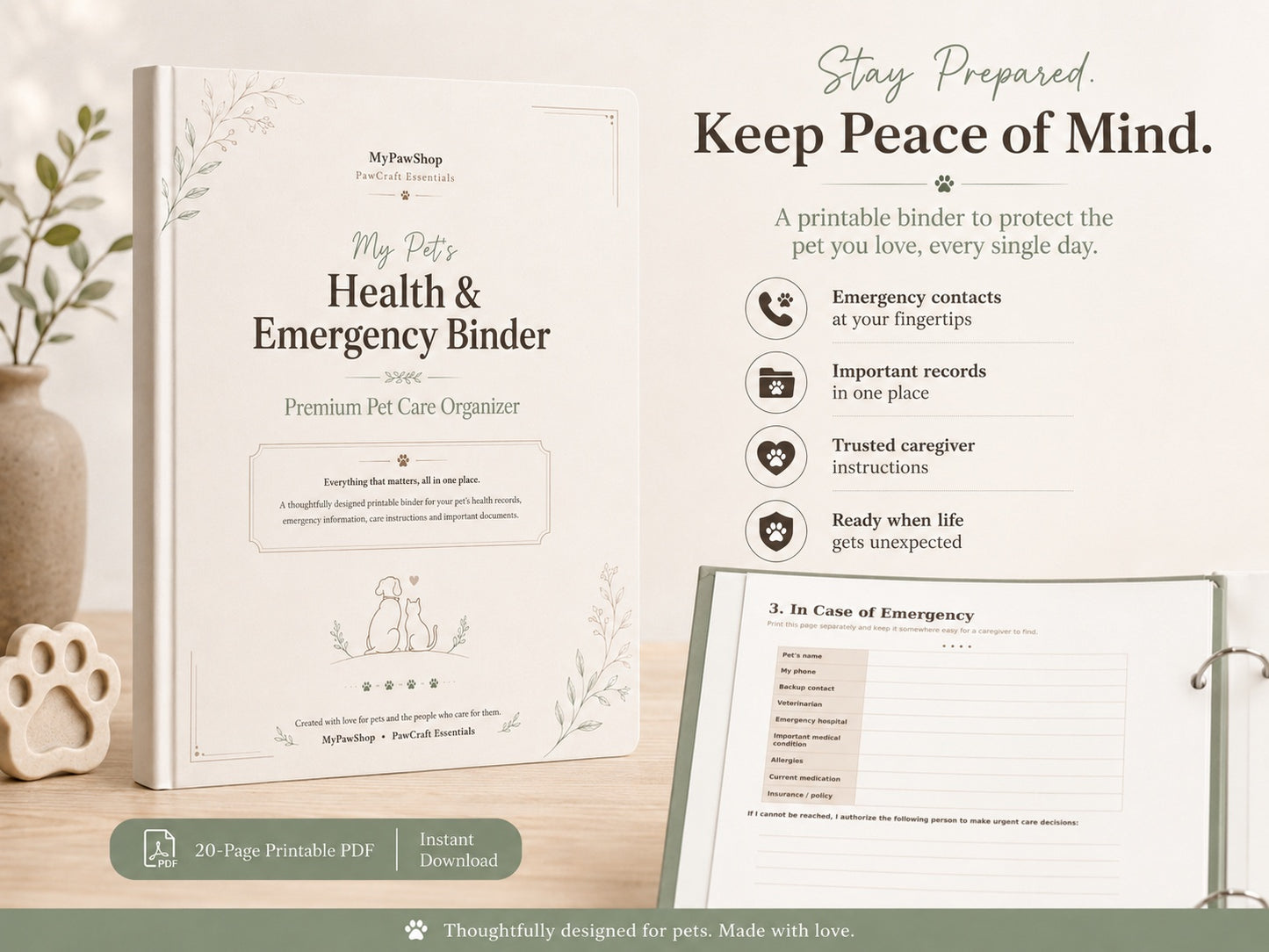 Pet Health & Emergency Binder – Printable Pet Care Organizer (20-Page PDF)