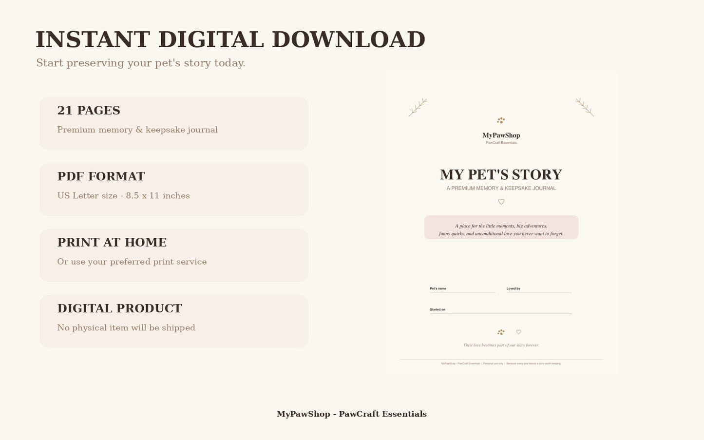 My Pet's Story – Premium Printable Pet Memory & Keepsake Journal | Instant Digital Download