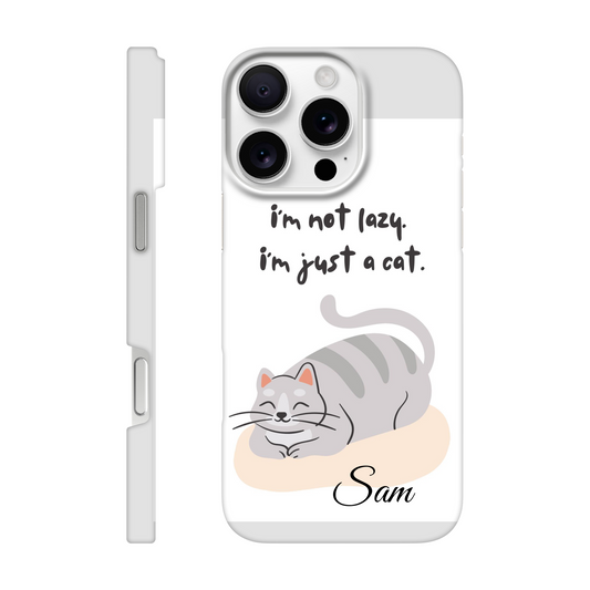 Phone case with a cat illustration and text 'I'm not lazy, I'm just a cat. Sam' on a white background