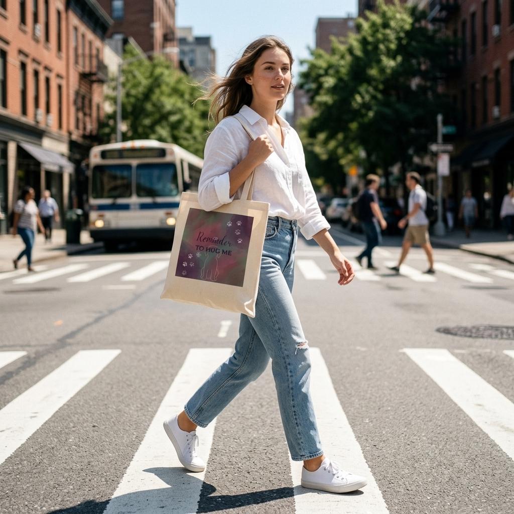 Woman crossing a street in an urban setting with a tote bag.