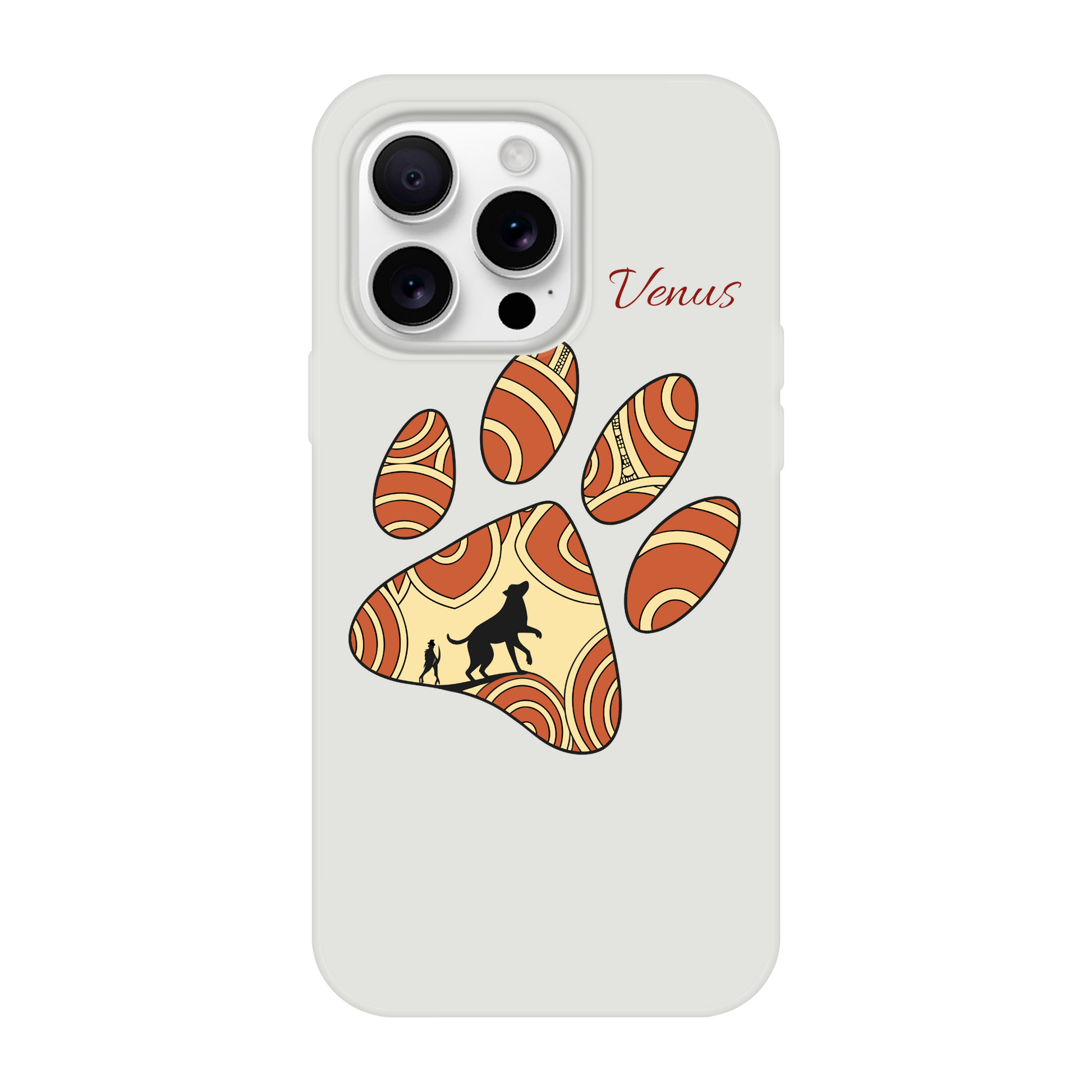 Phone case with a paw print design and 'Venus' text on a white background