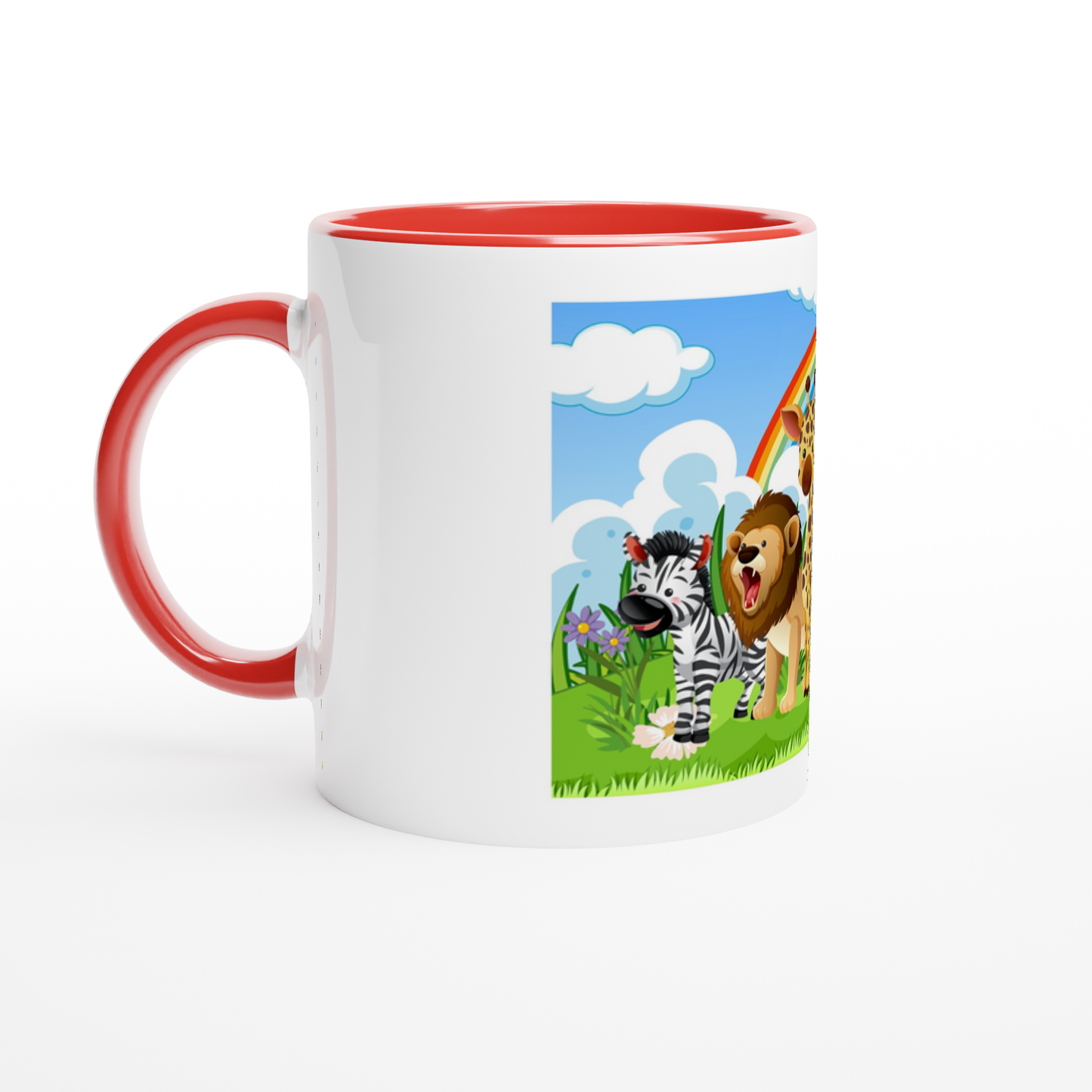 Mug with a colorful design of a zebra and lion on a grassy field with a rainbow.