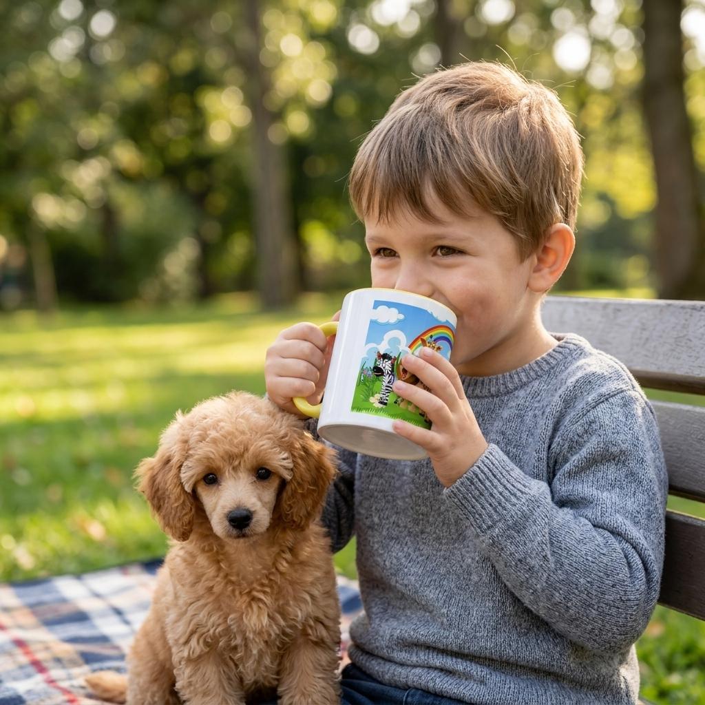 Child holding a mug with a rainbow design, sitting on a bench with a puppy in a park.