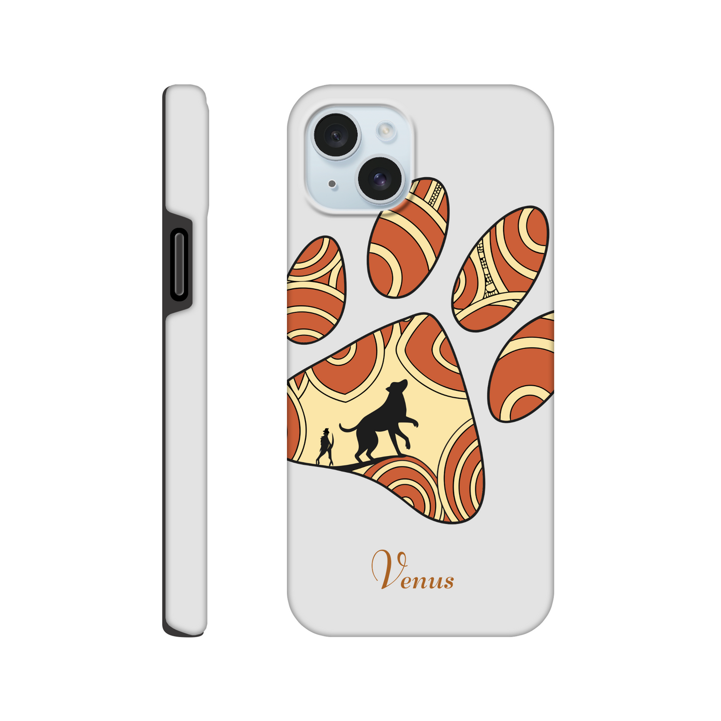 Phone case with paw print design and 'Venus' branding on a white background