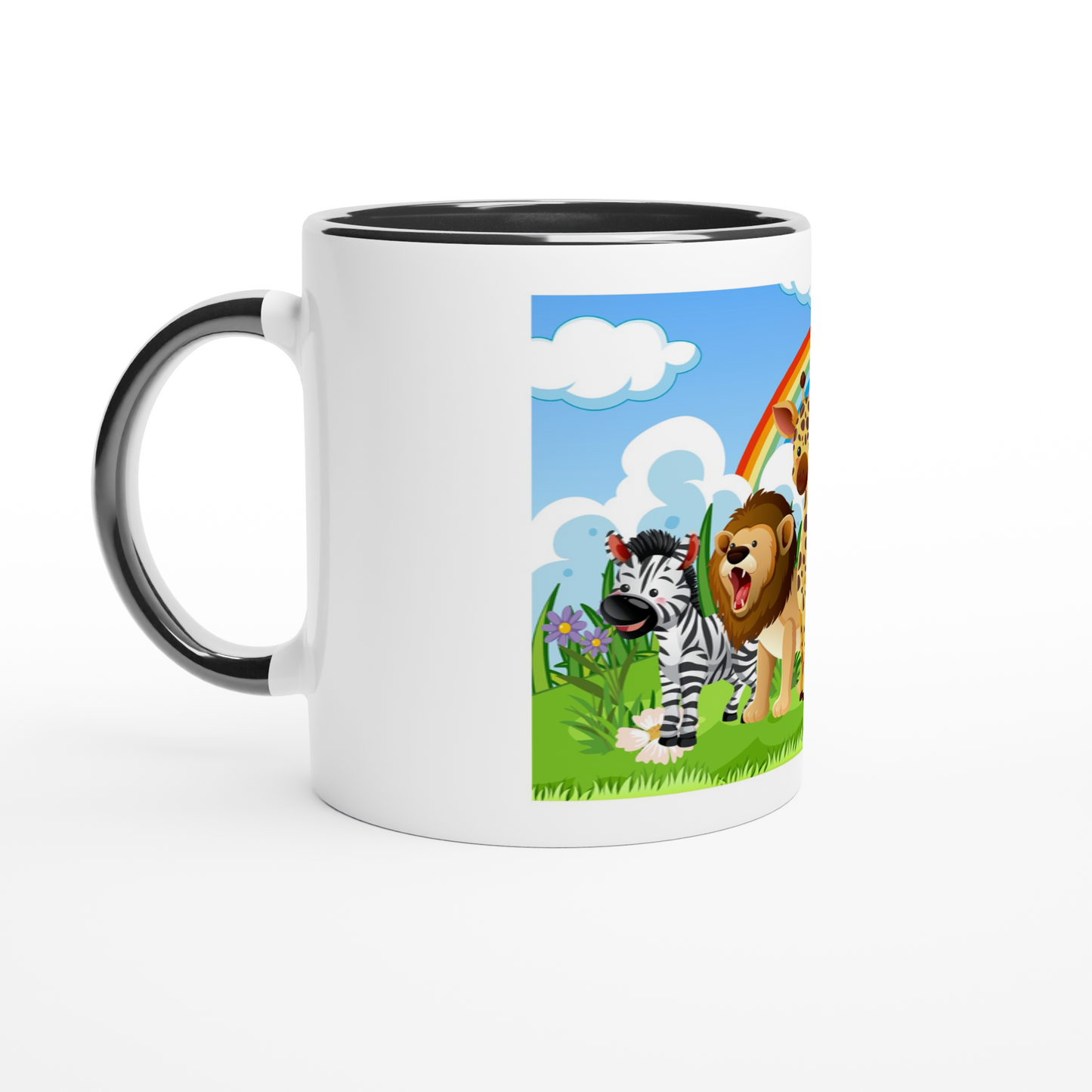 Mug with a colorful design of a zebra and lion in a grassy field with a rainbow.
