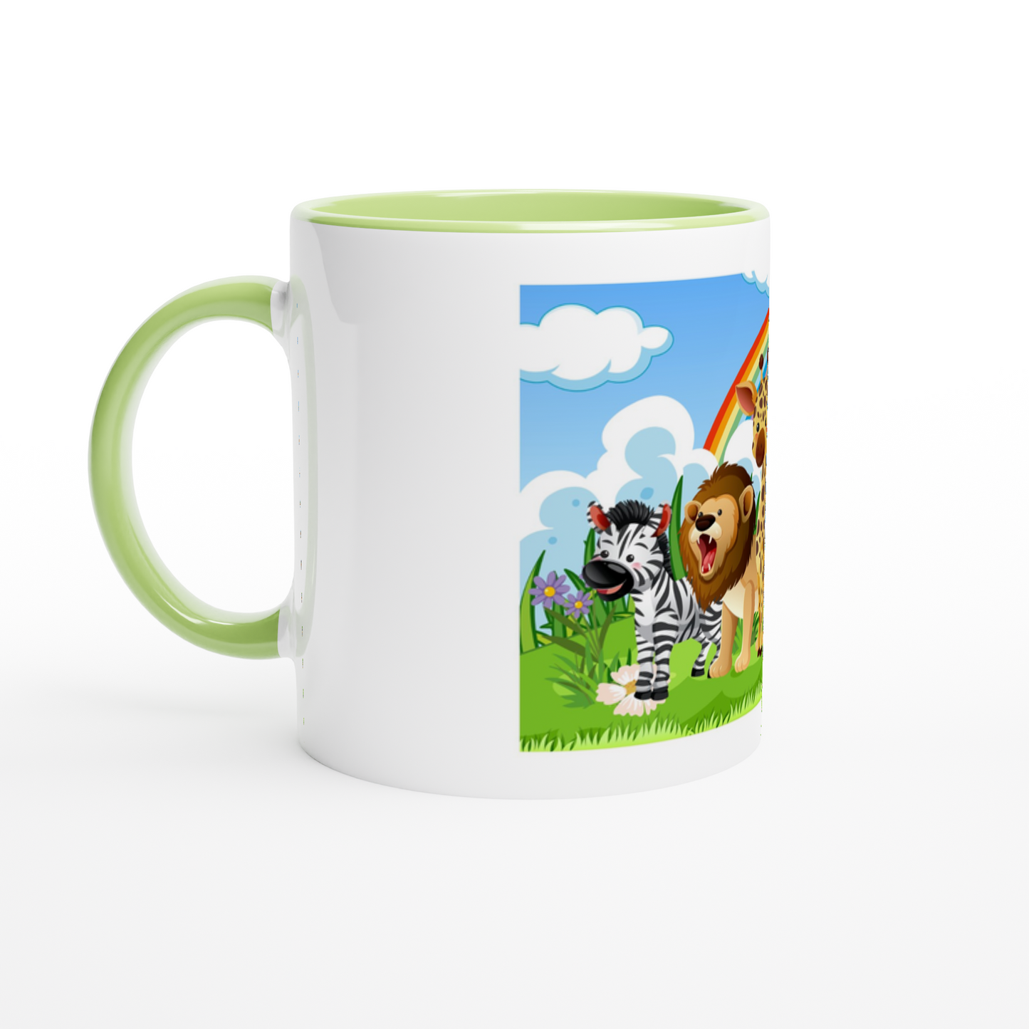 Mug with cartoon zebra and lion design on a white background