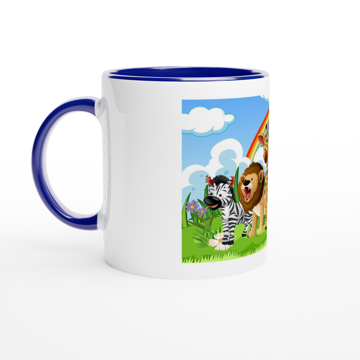 Mug with cartoon zebra and lion design on a white background