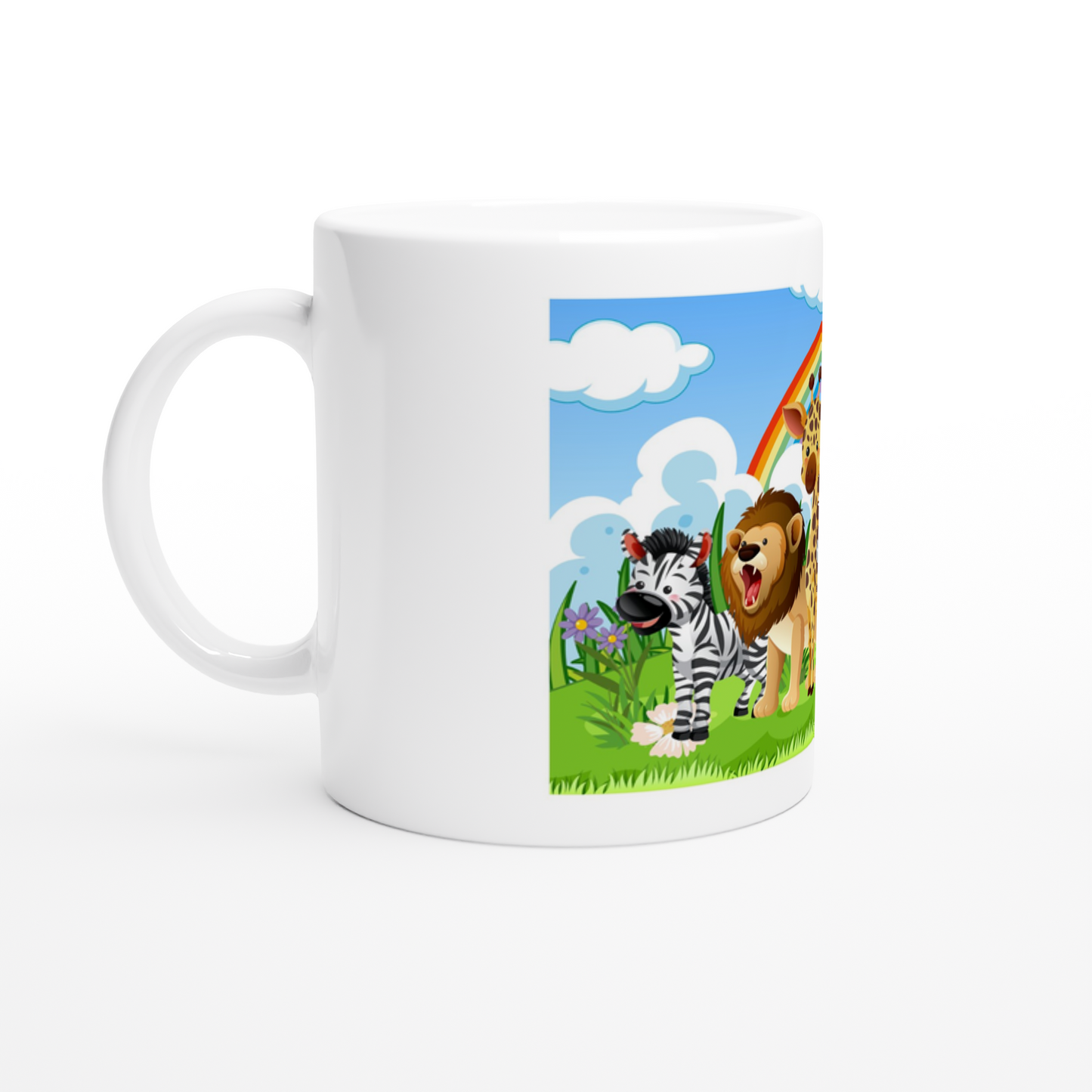 White mug with a colorful design of a zebra and lion on a grassy field with a rainbow and clouds.