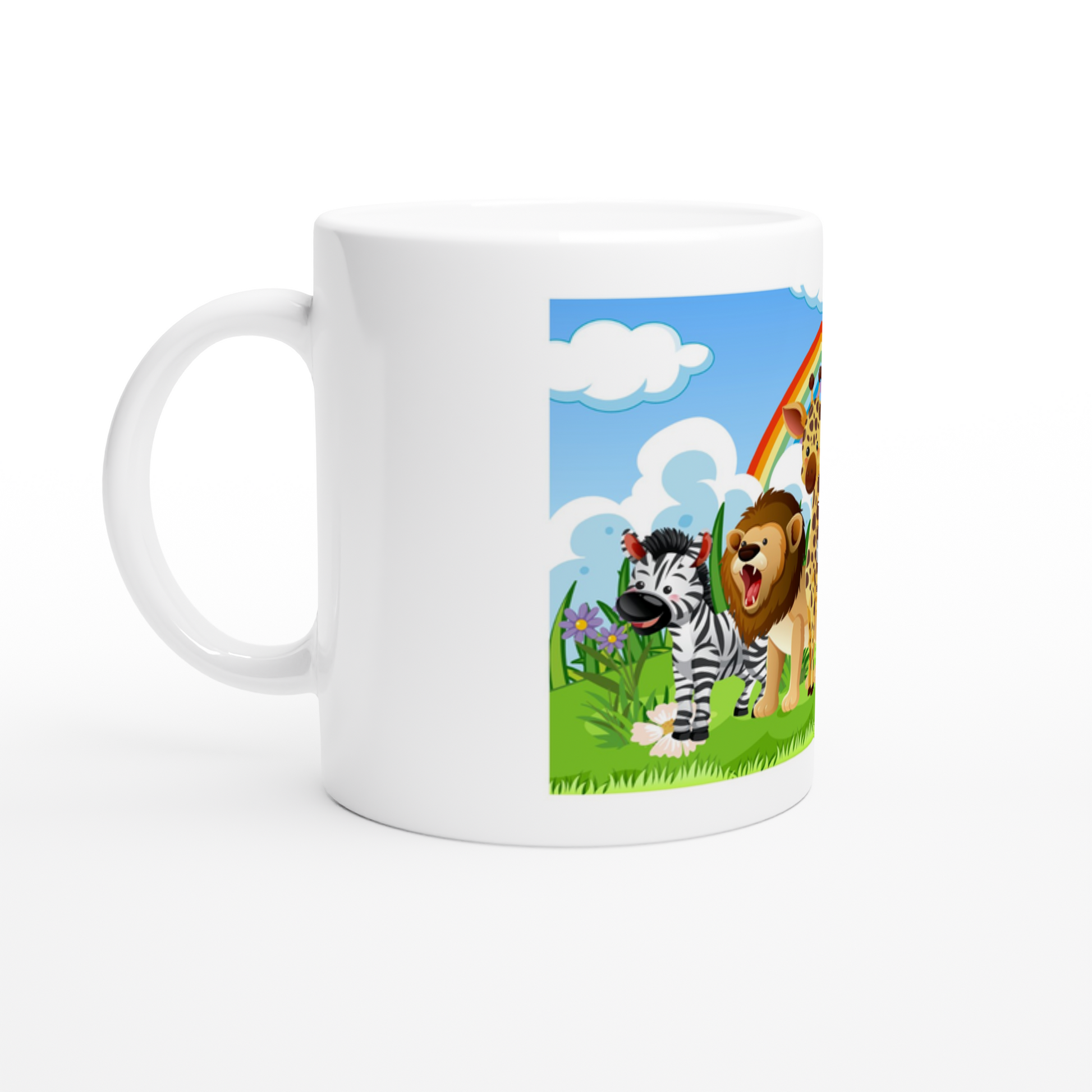 White mug with a colorful design of a zebra and lion on a grassy field with a rainbow and clouds.