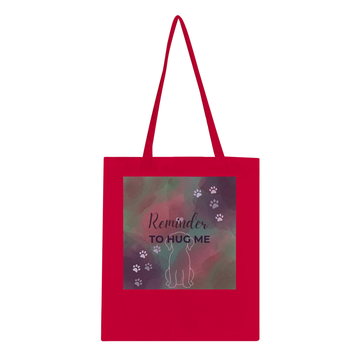 Red tote bag with a cat illustration and text on a white background