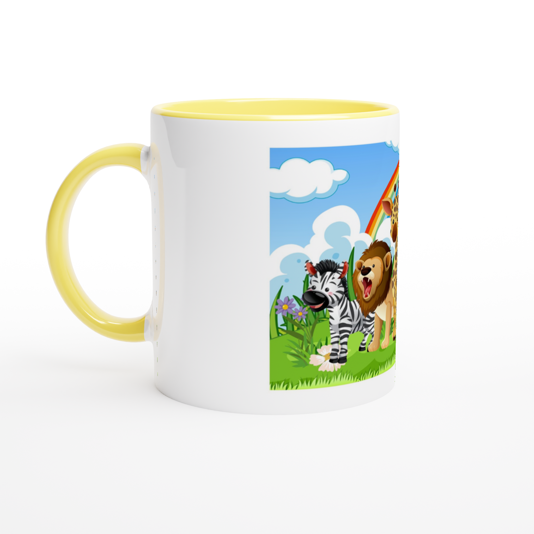 Mug with a colorful design of a zebra and lion on a grassy field with a rainbow.