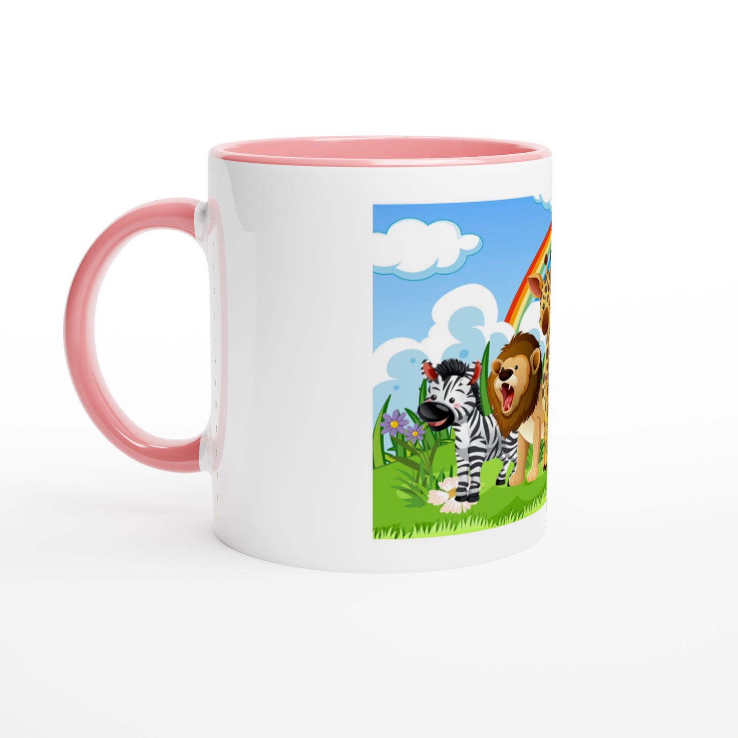 Mug with a colorful design of a zebra and lion on a grassy field with a rainbow.