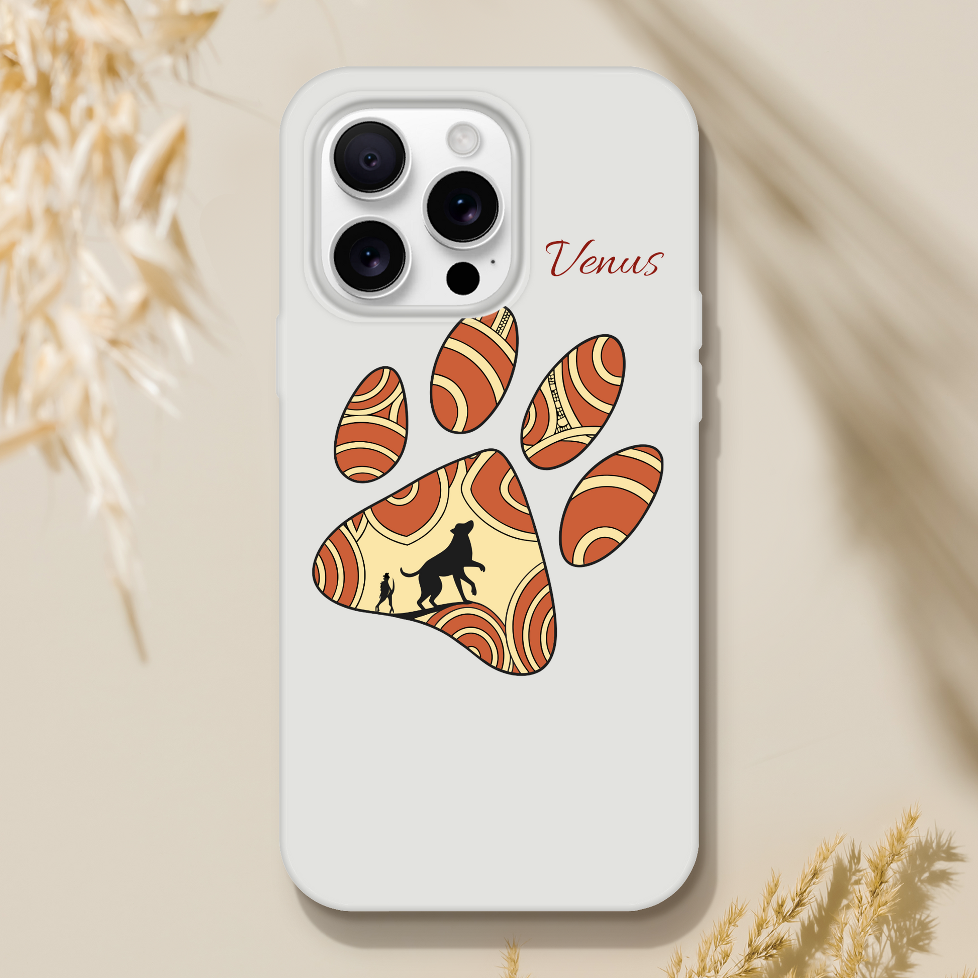 Phone case with a paw print design and 'Venus' text on a light background