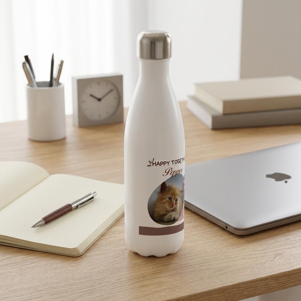 White water bottle with a cat design on a desk with a laptop and notebook.