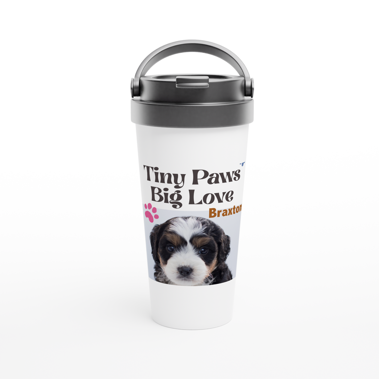 Tumbler with a puppy photo and text 'Tiny Paws Big Love Braxton' on a white background