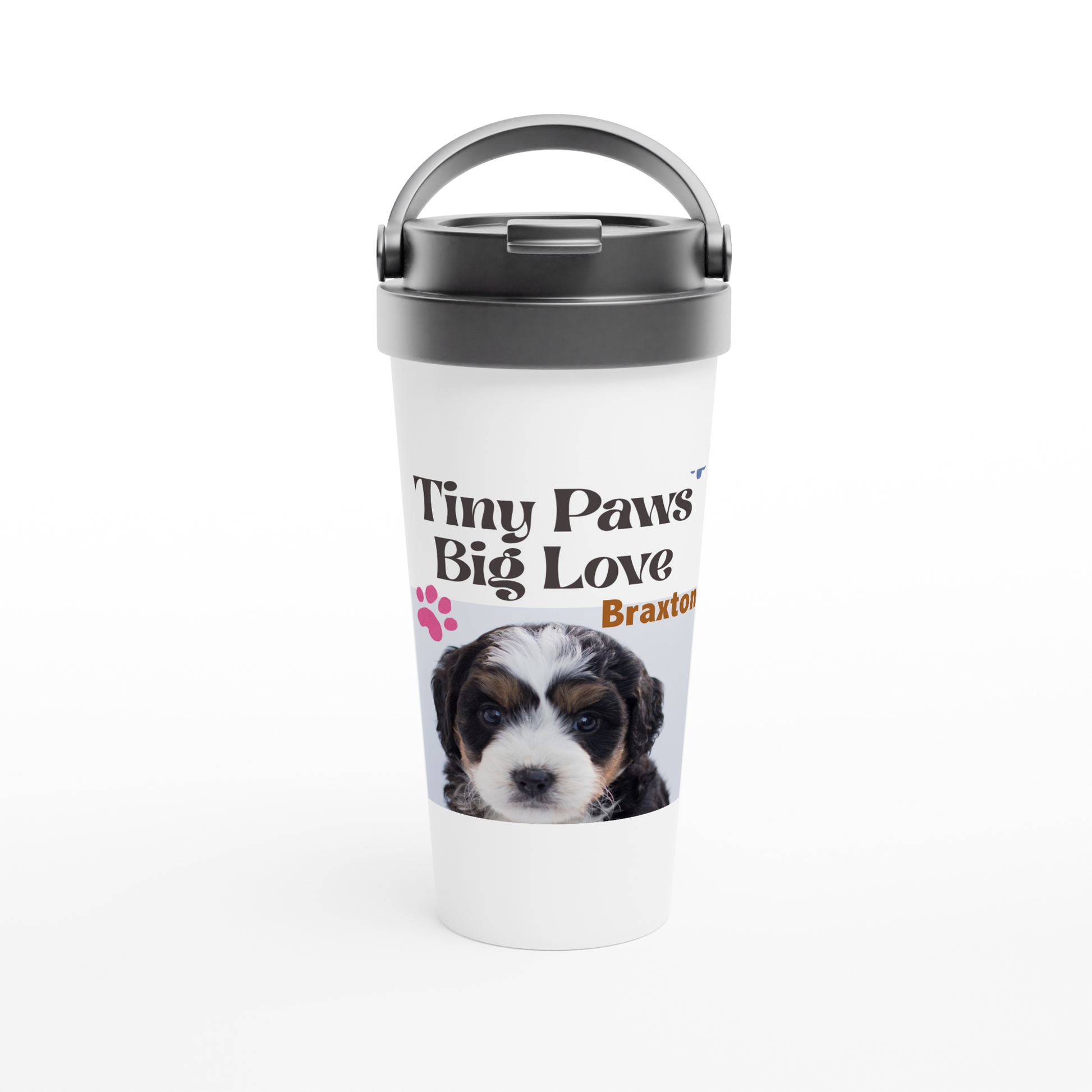 Tumbler with a puppy photo and text 'Tiny Paws Big Love Braxton' on a white background