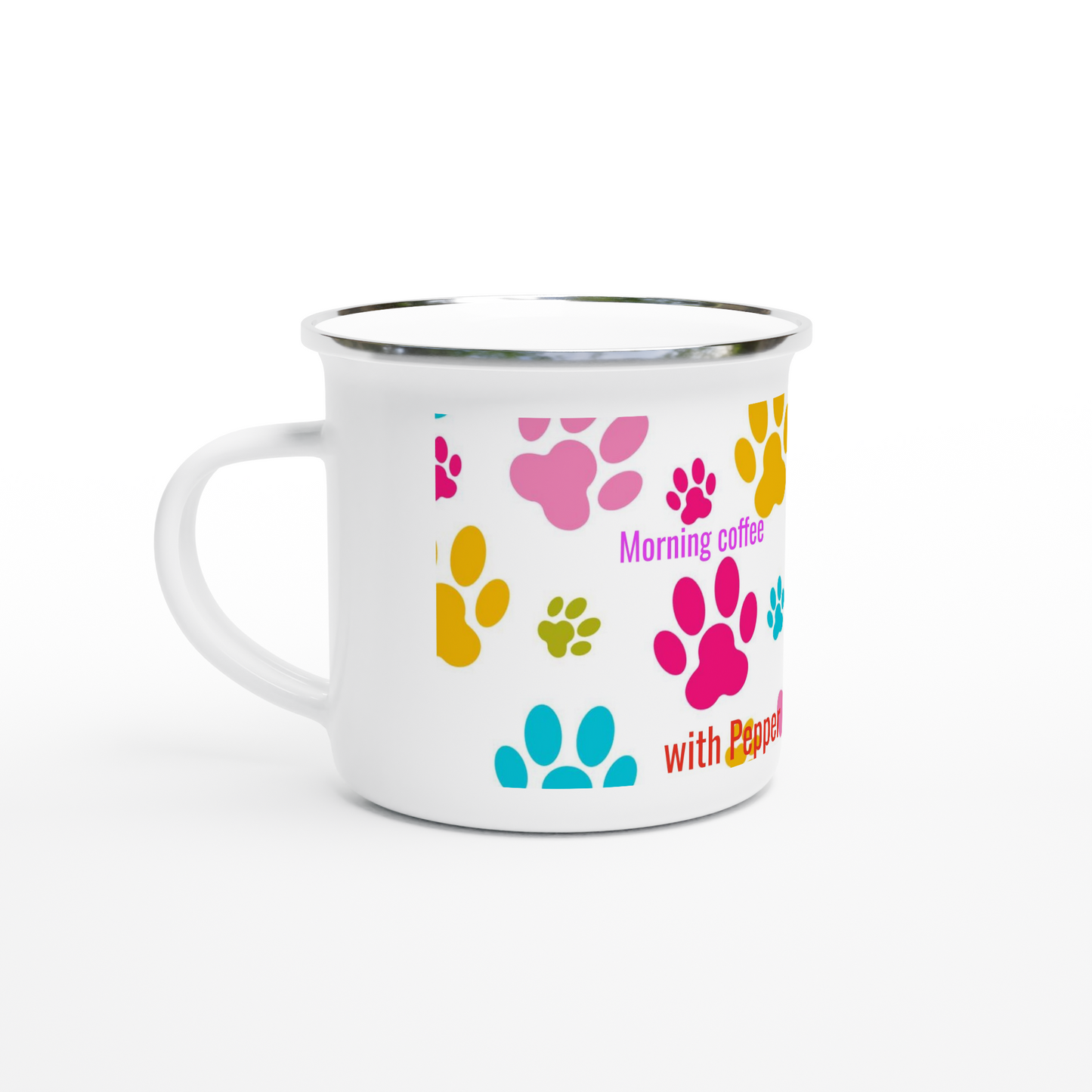 White mug with colorful paw prints and text on a white background