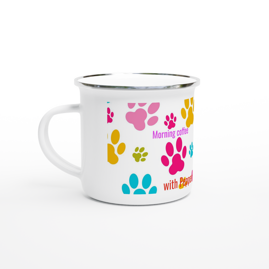 White mug with colorful paw prints and text on a white background