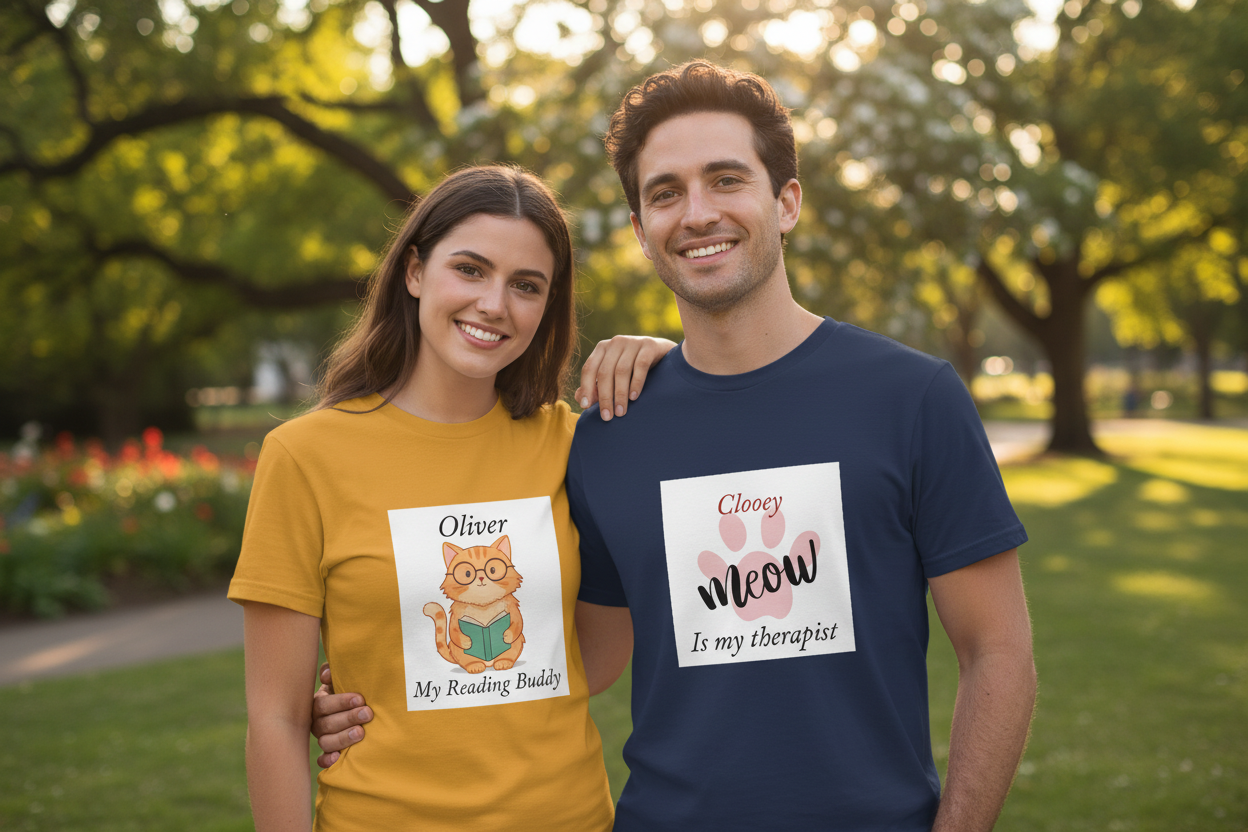 Couple wearing custom pet crewneck tees