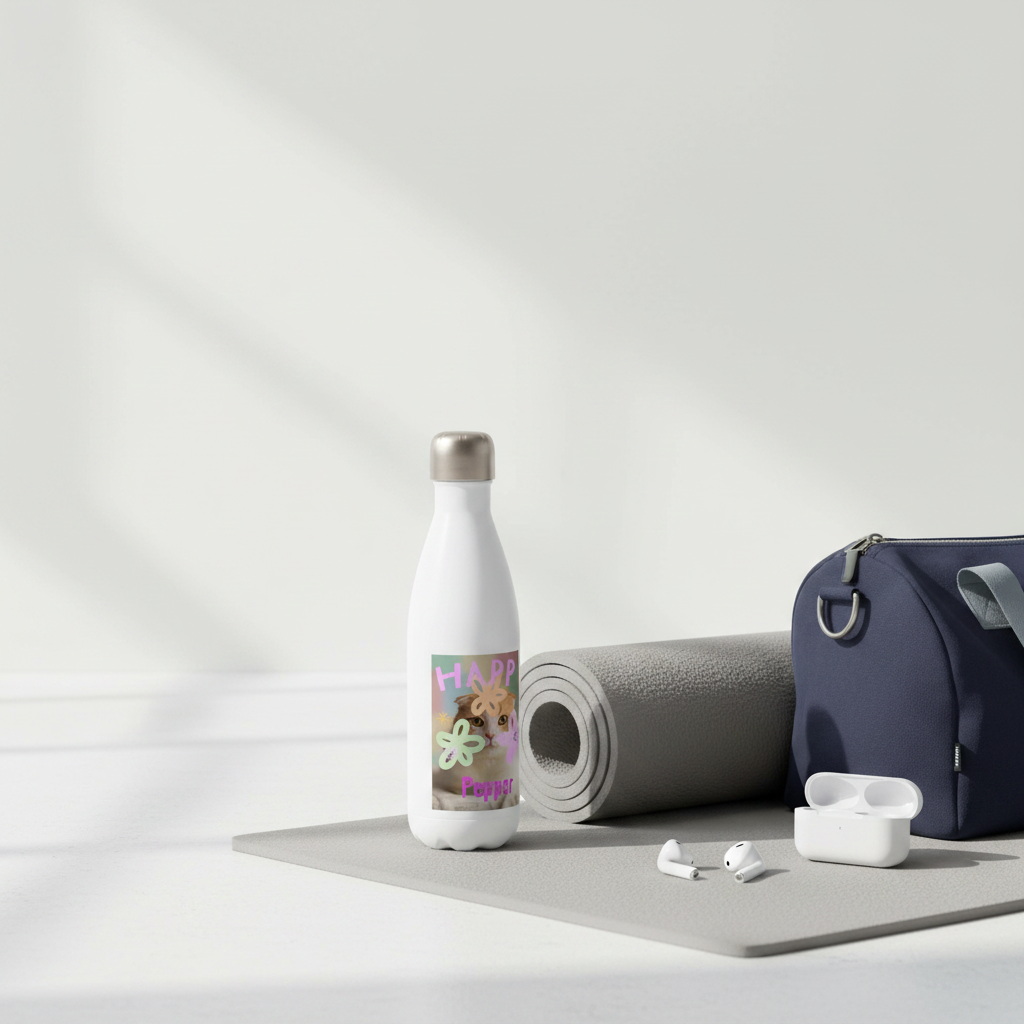 Personalized pet photo water bottle on yoga mat with gym bag — PawCraft Essentials