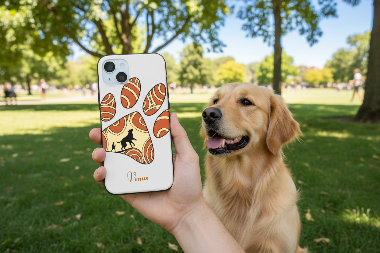 Personalized tough iPhone case held outdoors with golden retriever