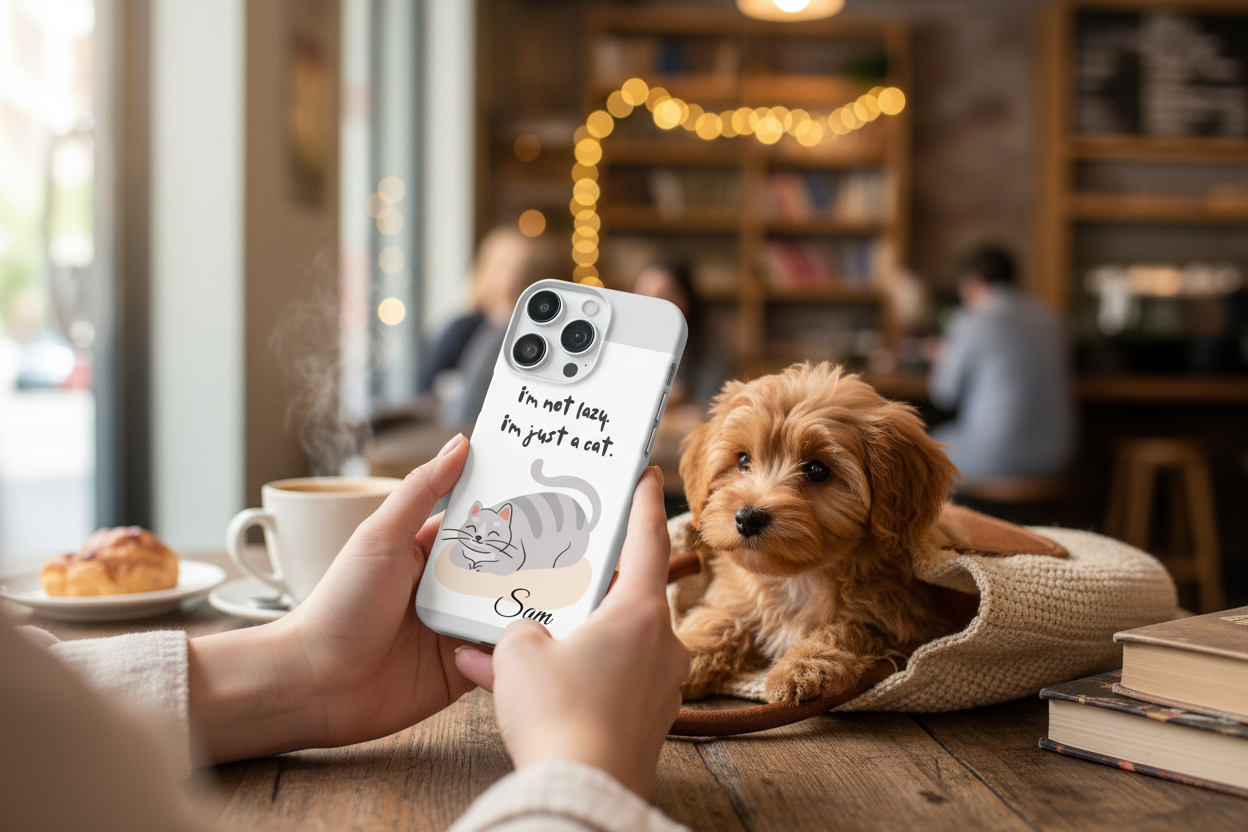 Personalized slim iPhone case held in café with small dog in bag