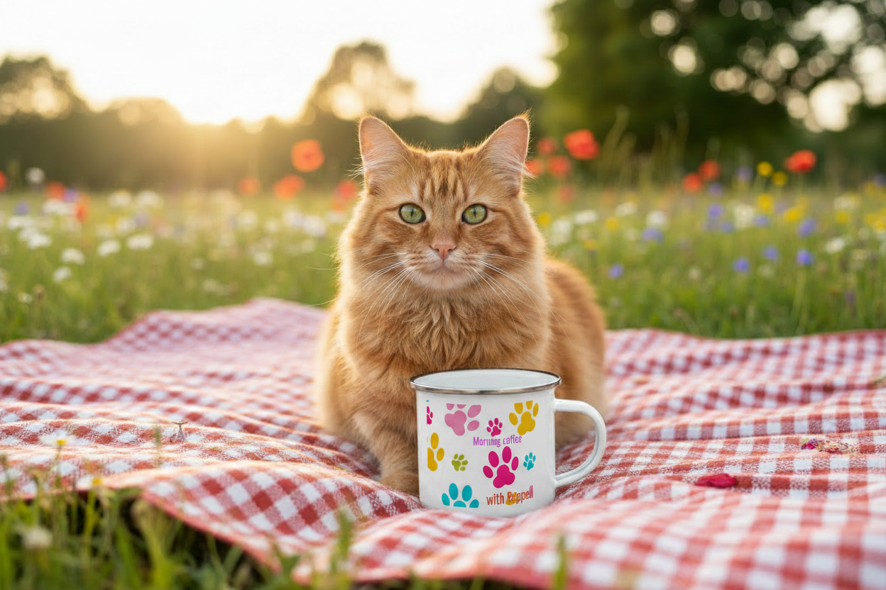 Personalized enamel mug on picnic blanket with cat and wildflowers