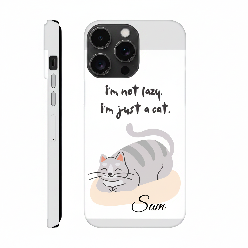 Close-up of personalized slim iPhone case showing white base and wraparound print