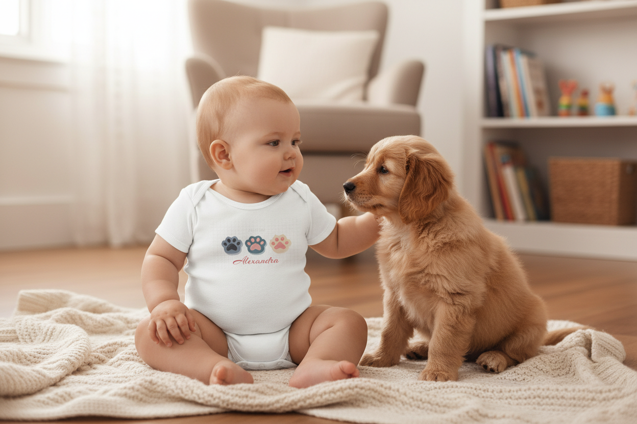 Baby in white personalized bodysuit with golden retriever puppy