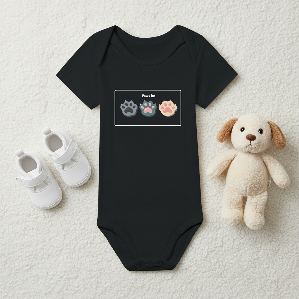 Flat lay of black personalized baby bodysuit with baby shoes and stuffed dog
