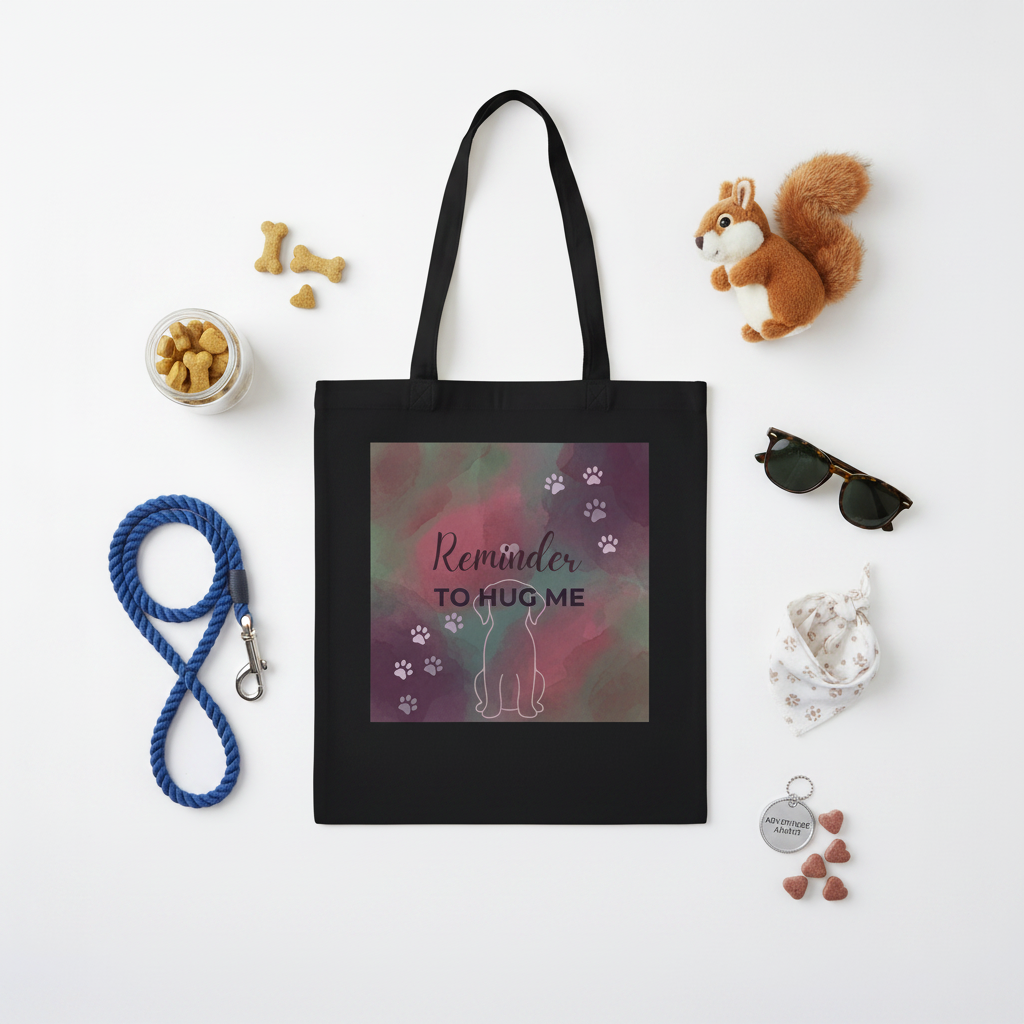 Flat lay of personalized black classic tote bag with pet accessories