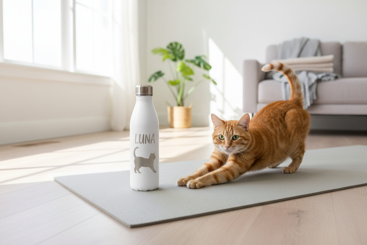 Personalized white water bottle on yoga mat with cat