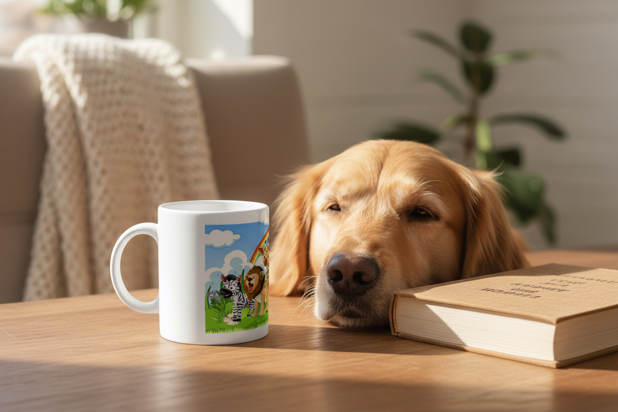 Personalized white ceramic mug on desk with golden retriever resting beside it