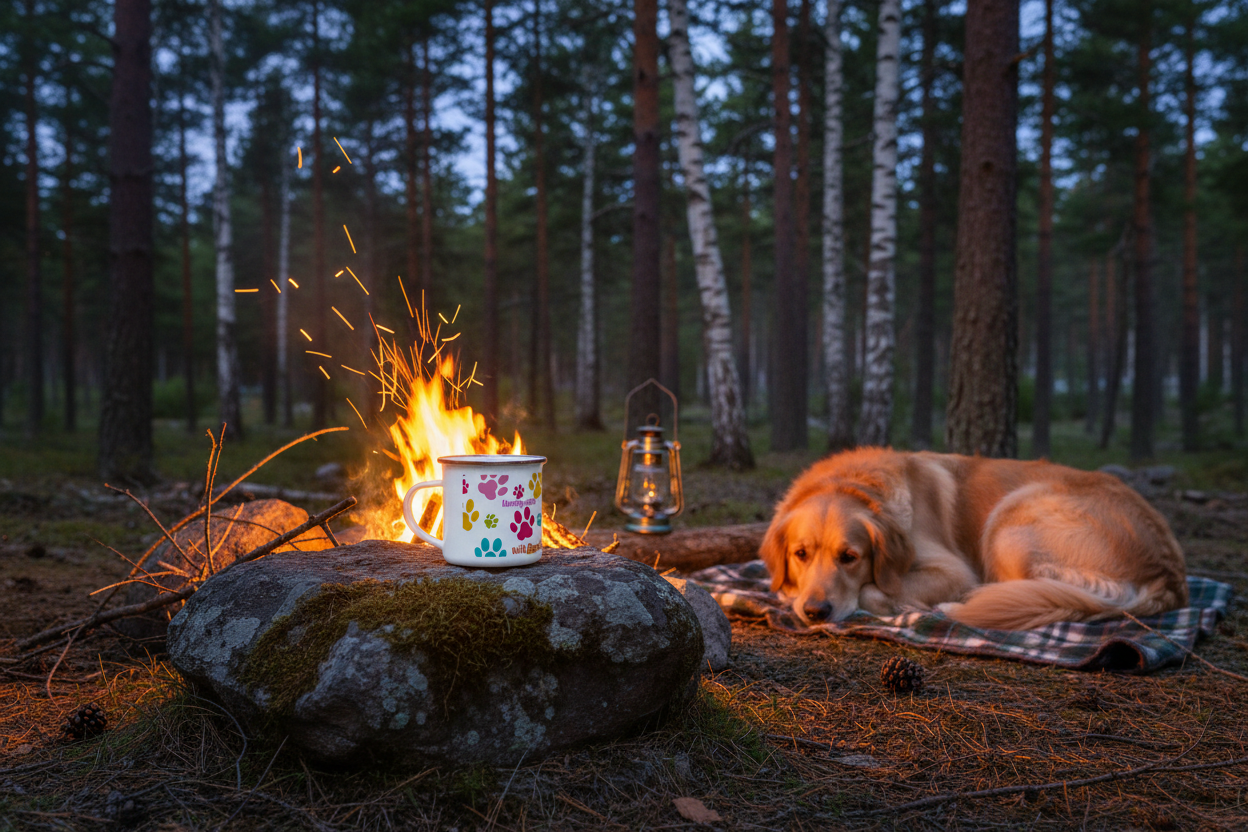 Personalized white enamel mug by campfire with golden retriever