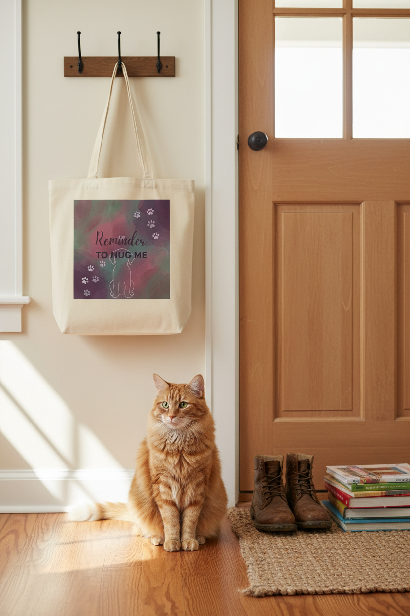 Personalized natural classic tote bag hanging by door with cat beside it