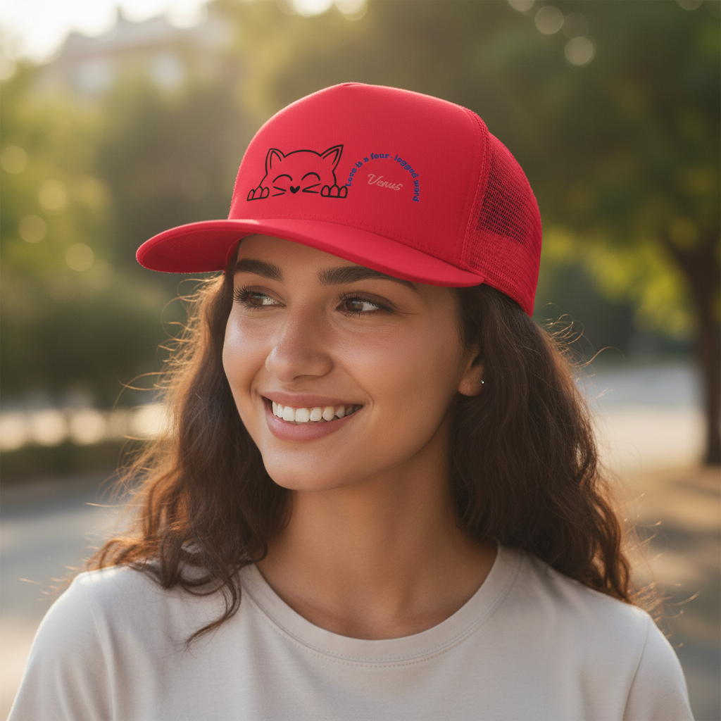Woman wearing Personalized Pet Trucker Cap – Four-legged close up lifestyle photo