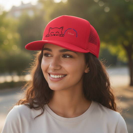 Woman wearing Personalized Pet Trucker Cap – Four-legged close up lifestyle photo