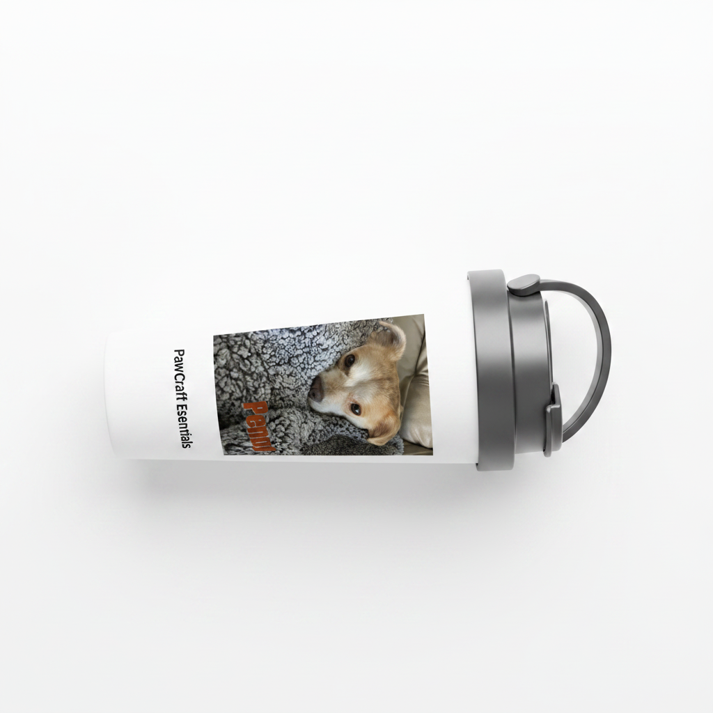 Personalized pet travel mug clean flat lay product shot