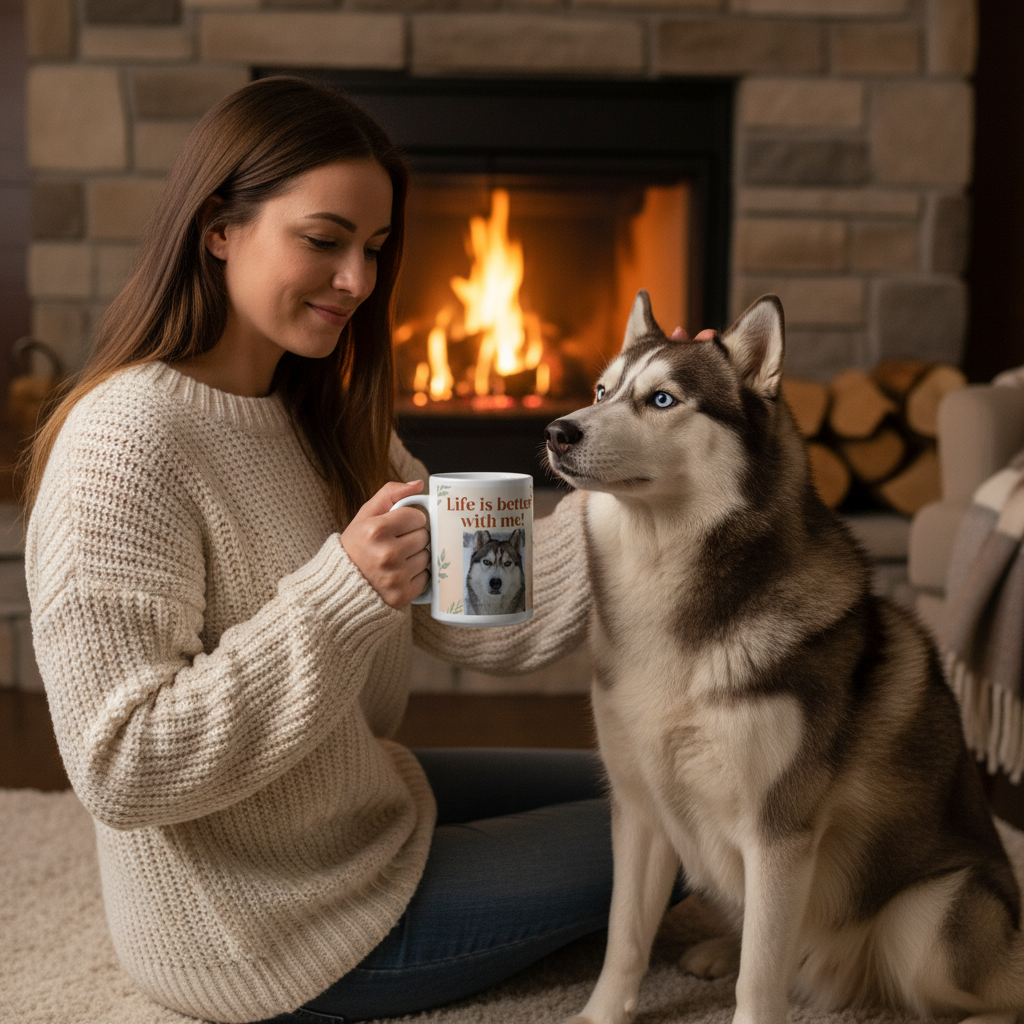 Personalized husky ceramic mug held by woman by fireplace with her husky dog — PawCraft Essentials