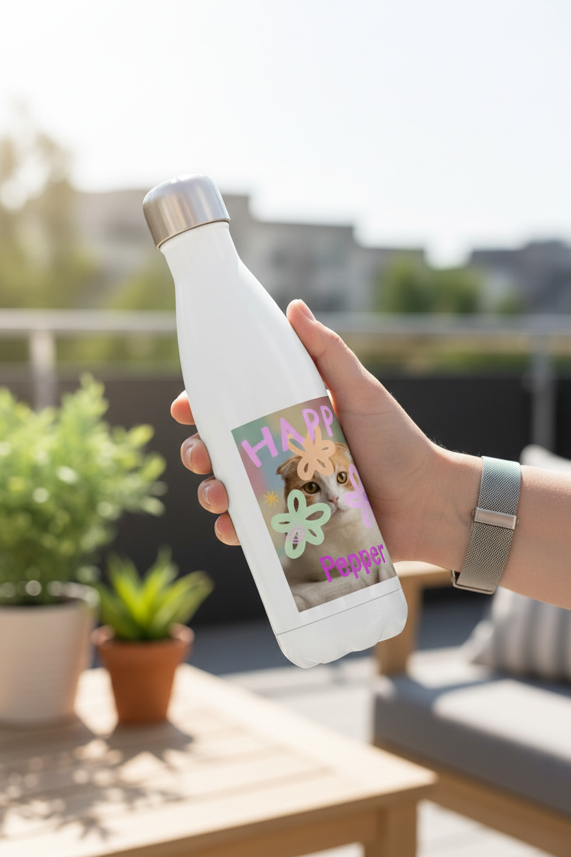 Person holding White 17oz Stainless Steel Water Bottle with pet photo