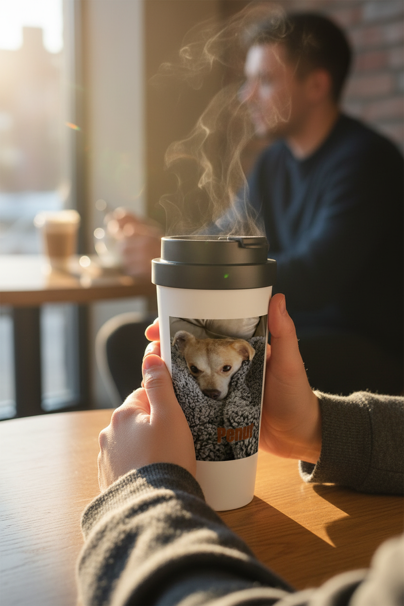 Person holding White 15oz Stainless Steel Travel Mug with pet photo