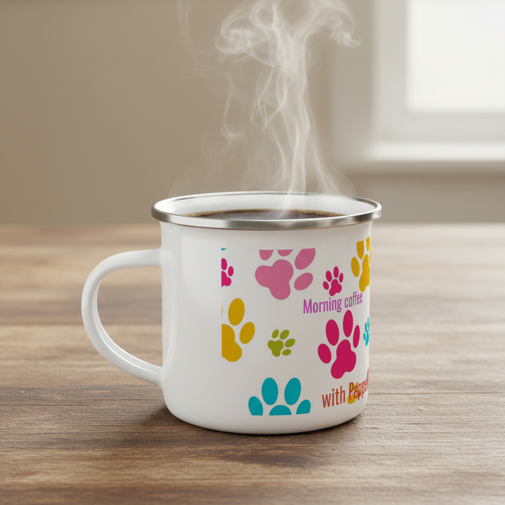 Close-up of personalized white 12oz enamel mug on rustic wooden table