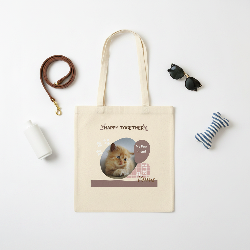 Flat lay of personalized premium tote bag with pet accessories