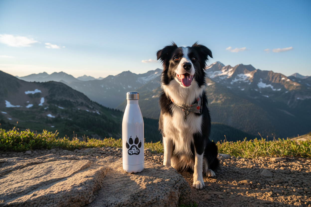 Personalized white water bottle on hiking trail with border collie