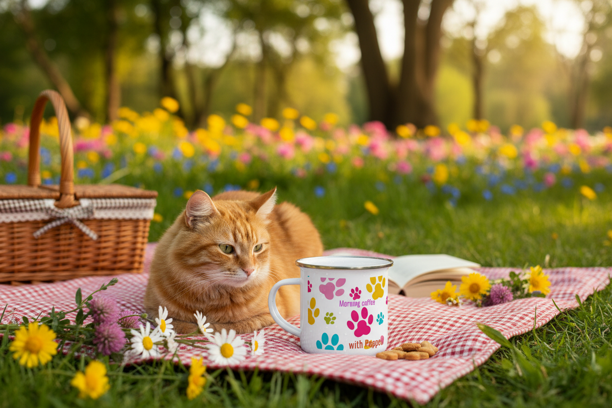 Personalized white enamel mug on picnic blanket with cat and flowers